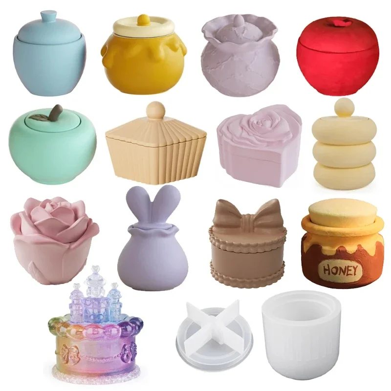 

2026 Latest Models Multi-Style Candle Jar Concrete Silicone Mold With Lid DIY Cement Flower Candle Holder Storage Box Epoxy Mold