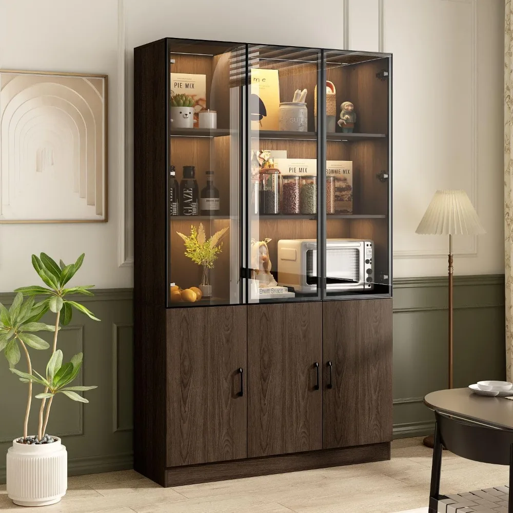 

Display Cabinet with Glass Doors and Lights, Display Case Trophy Case with Storage Shelves, Pop-up Design, Glass Cabinet Wood G