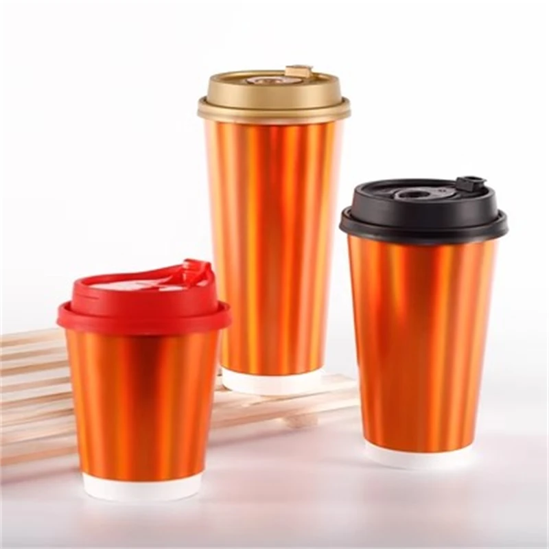 Disposable With Plastic Lids Orange Paper Cup Drinkware Set Hot Coffee Milk Thickened Hollow Cup Straw Juice Beverage Containers