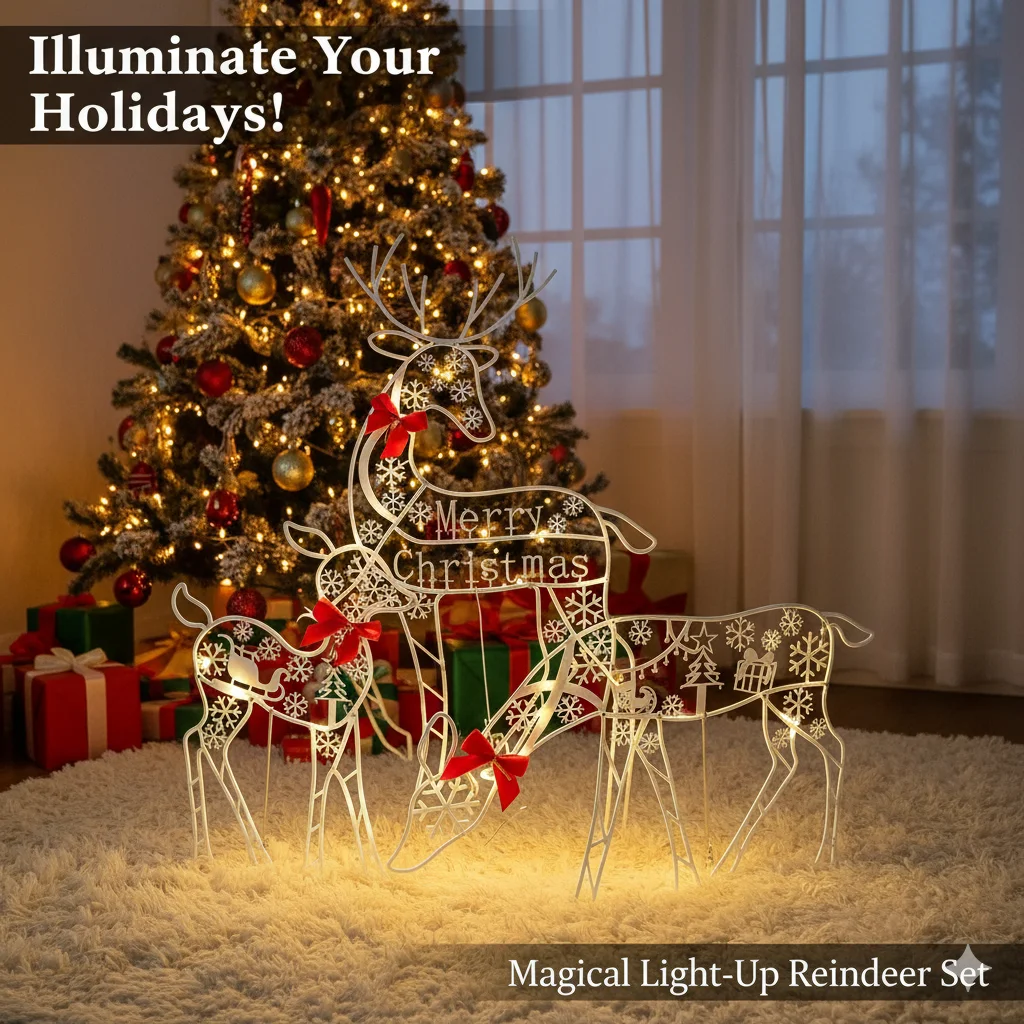 

White Christmas Reindeer Outdoor Decoration Snowflake Iron Elk Ornament with Red Bow for Lawn Garden Yard Holiday Scene Display