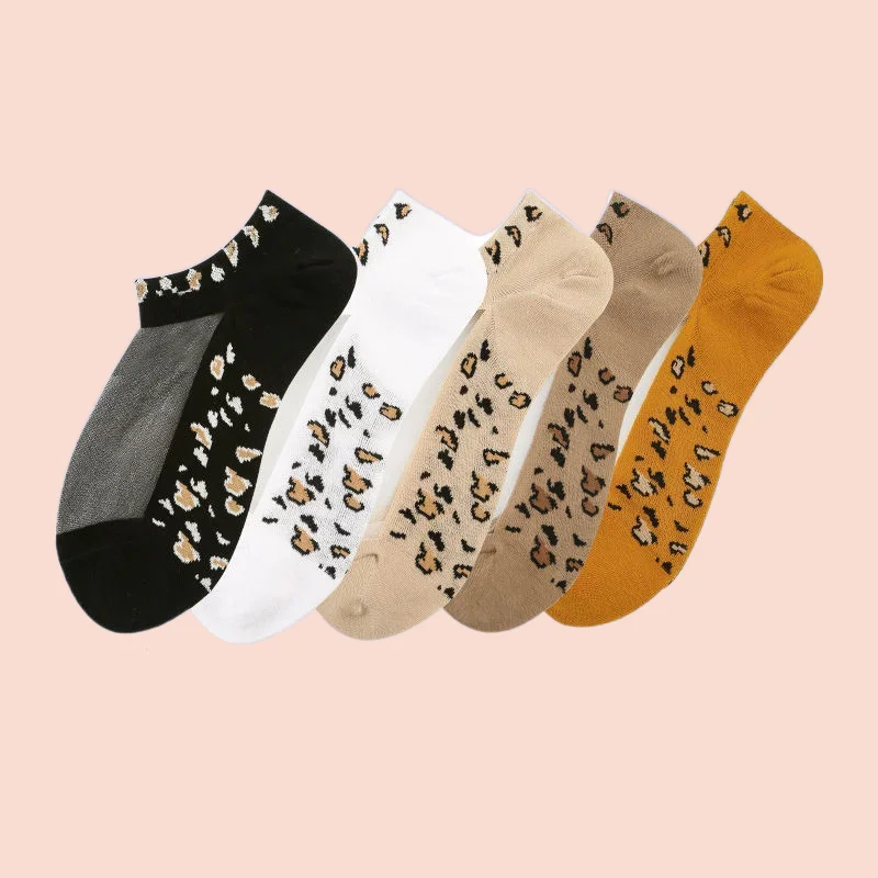 Calcetines de algodón con suela de cristal para mujer, medias transpirables transparentes con estampado de leopardo, de seda de cristal, de alta calidad, a la moda, 5 pares