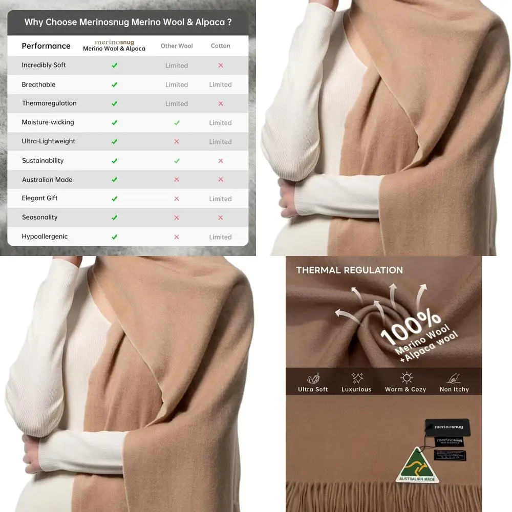 

Luxurious Women's Merino Wool & Alpaca Blend Scarf, Australian Pashmina-Style Shawl, Soft Cashmere-Like Wrap for Holiday Gifts