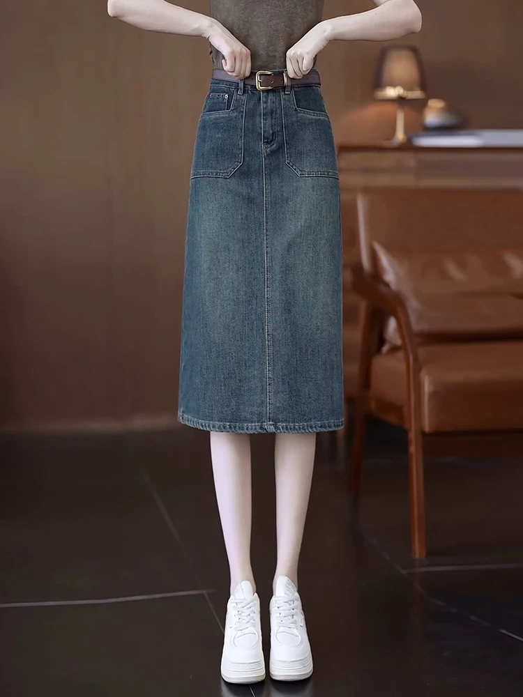 

High Waist Denim Skirt Women's Spring Autumn 2026 New Small Size Slit Straight A-Line Retro Wrap Skirt Commute Korean Style