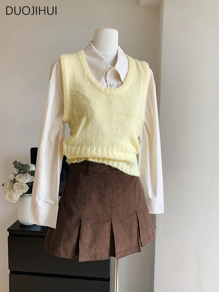 DUOJIHUI Sweet Three-piece Chic High Waist Female Skirt Summer Simple Shirt Fashion Vest Basic Zipper Casual A-line Women Skirts