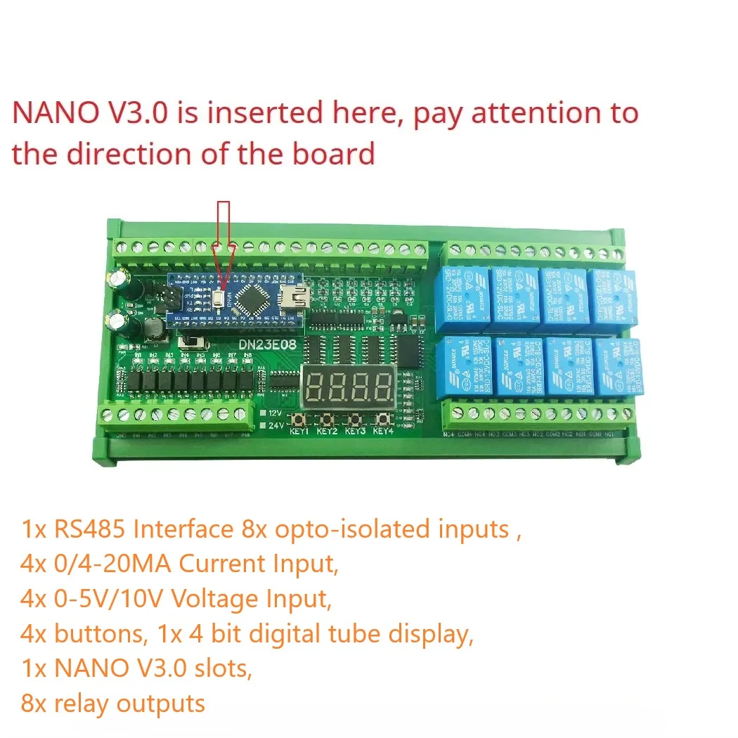 8AI-8DI-8DO RS485 Modbus RTU IO Module for Arduino NANO PLC Replacement 12V/24V Current/Voltage Sensor Industrial Automation