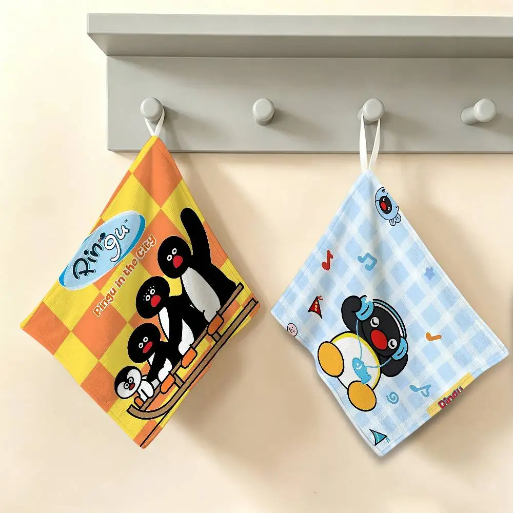 Animation P-Pingu Hanging Kitchen Towel, Polyester Cotton Fabric, Absorbent Hand Wiping Towel for Home Dormitory