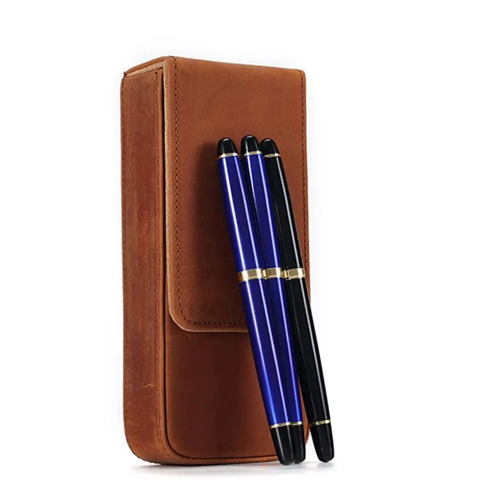 Crazy Horse Leather Fountain Pen Case Handmade Vintage Pen Pouch Magnetic Attraction Portable Protective Sleeve School