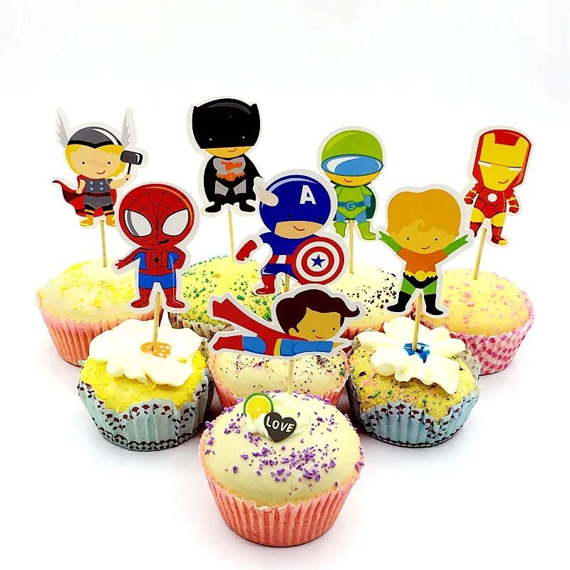 24pcs/lot Avengers Theme Cake Toppers Happy Birthday Events Party Boys Kids Favors Cake Decorations Baby Shower Cupcake Picks