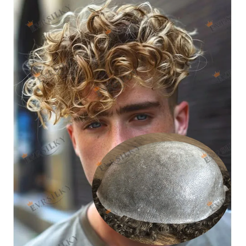 

#22R Honey Blonde 26mm Curly Natural Hairline Undetectable Full Skin Base European Man Prosthesis Capillary System Toupee