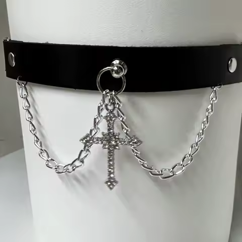 Gothic Punk Leg Neck Belts Black Leather Garters Silver Cross Chain Rhinestone Adjustable Leg Ring for Women Cosplay Daily Wear