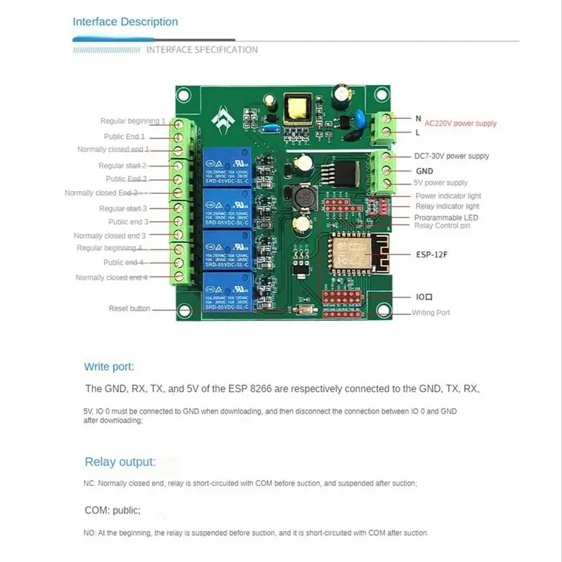 DT23 4 Channel Wireless WIFI Relay Module ESP-12F Development Board AC90-250V/DC7-30V/5V Smart Home Remote Control