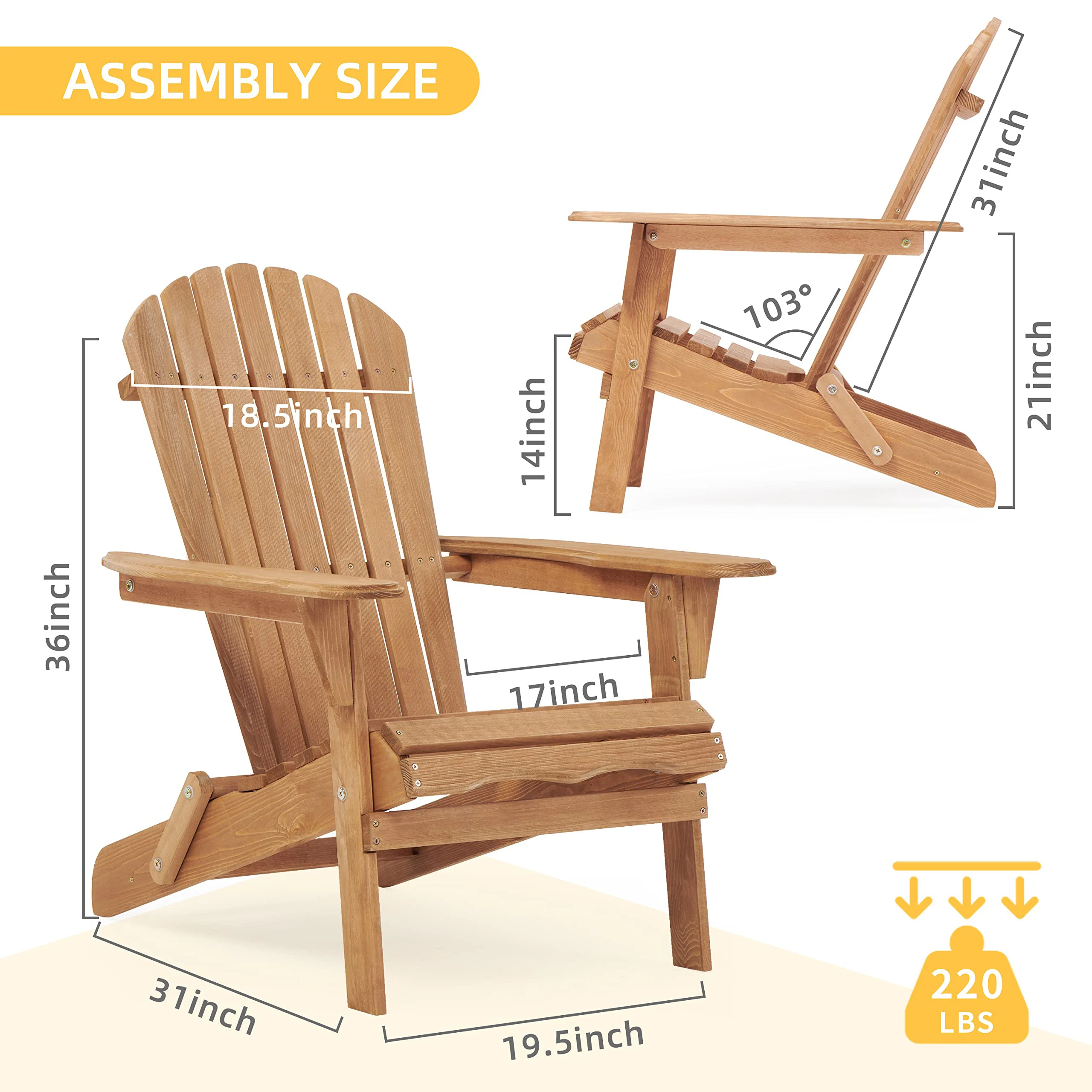 Wood Lounge Patio Chair for Garden Outdoor Wooden Folding Adirondack Chair Set of 2 Solid Cedar Wood Lounge Patio Chair