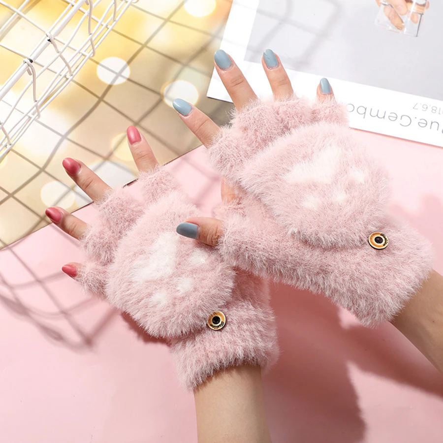 Thicken Cute Women Winter Warm Gloves Fashion Girls Cat Claw Paw Plush Mittens Soft Short Fingerless Half Finger Glove