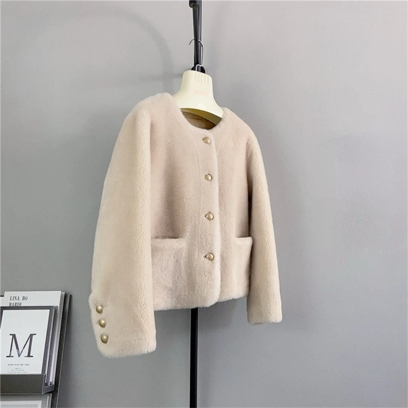 Lady Girl Sheep Shearling Round Neck Short Jacket Pure Wool Fall and Winter Female Warm Winter Coat PT445