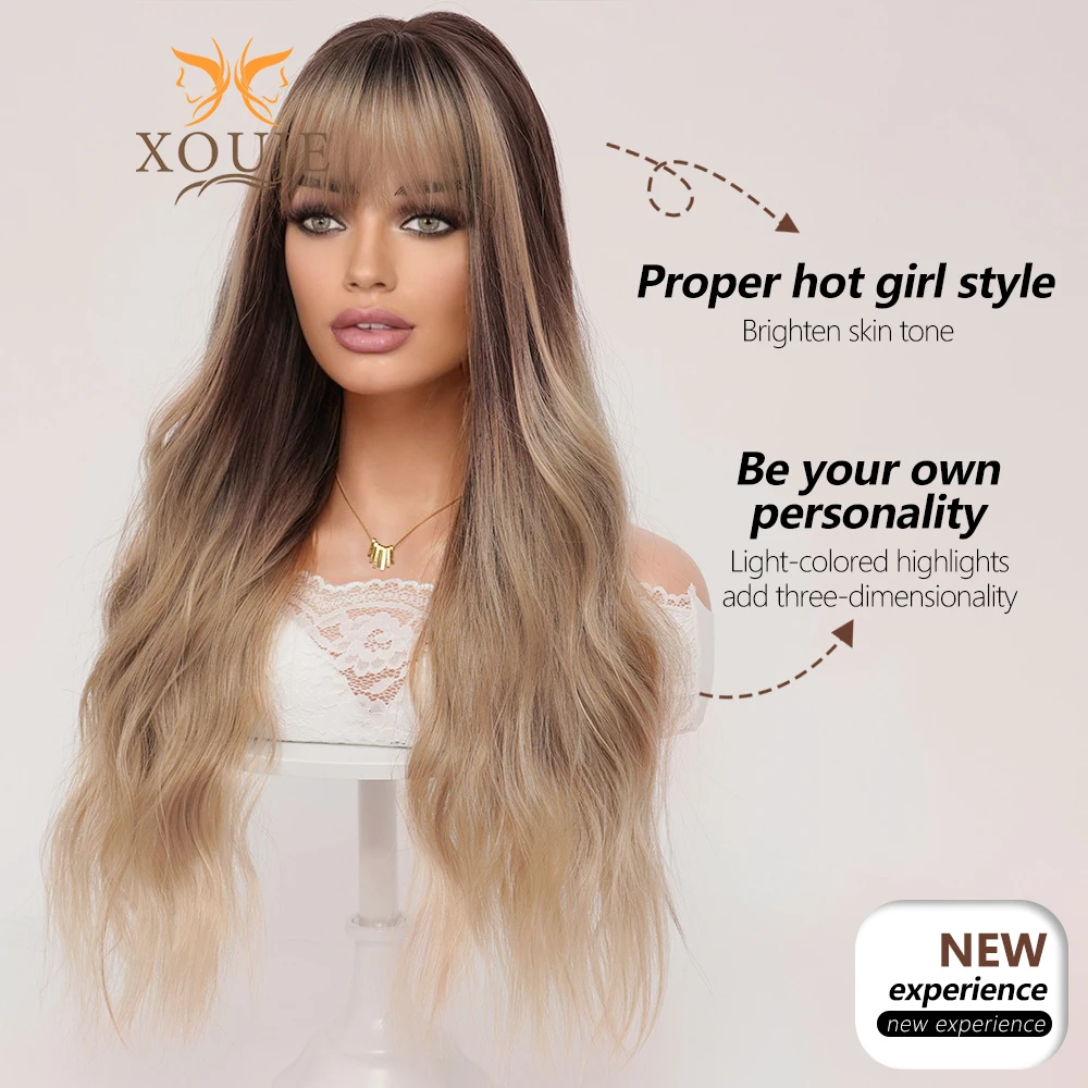 Brązowa Ombre blond 28 Cal grzywka długie faliste peruka peruka syntetyczna dla początkujących przyjazna dla ciepła moda odpowiednia na codzienną