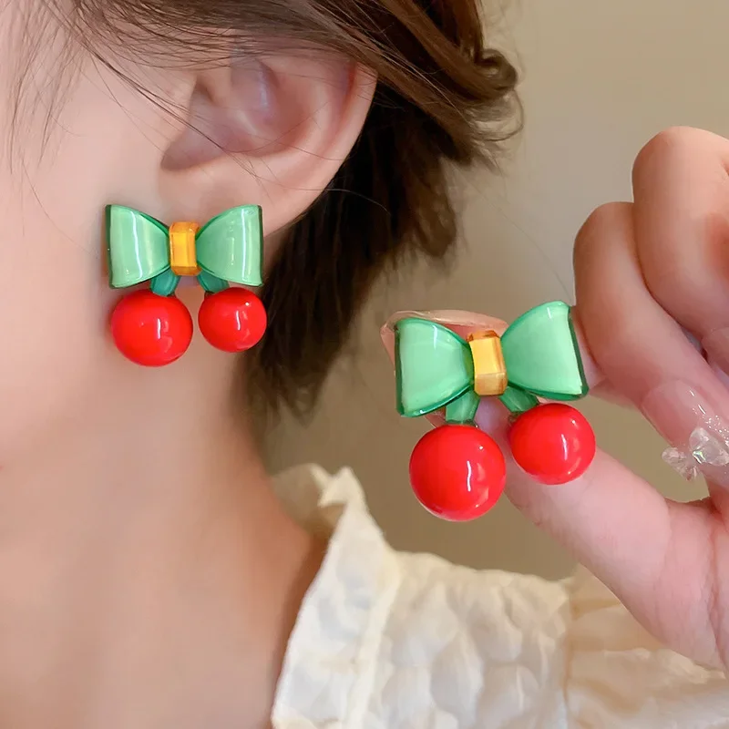 

Minar INS Fashion Red Green Color Cherry Bowknot Dangle Earrings for Women Resin Acrylic Pendant Earring Statement Party Jewelry