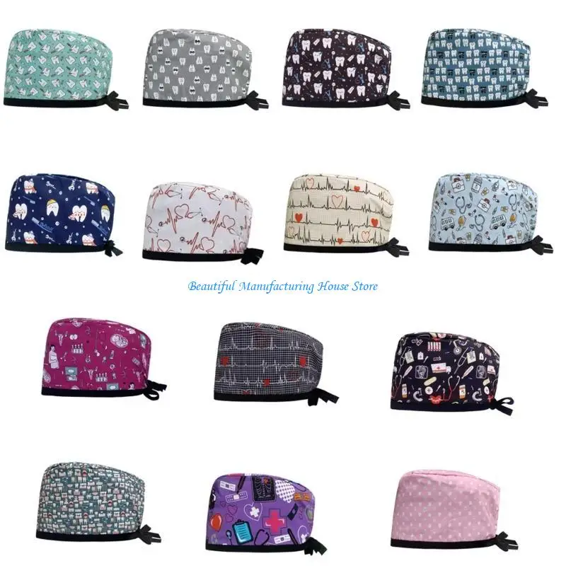 E56A Cotton Scrub Caps for Nurse Kitchen Cooking Headwear Reusable Printing Scrub Hat