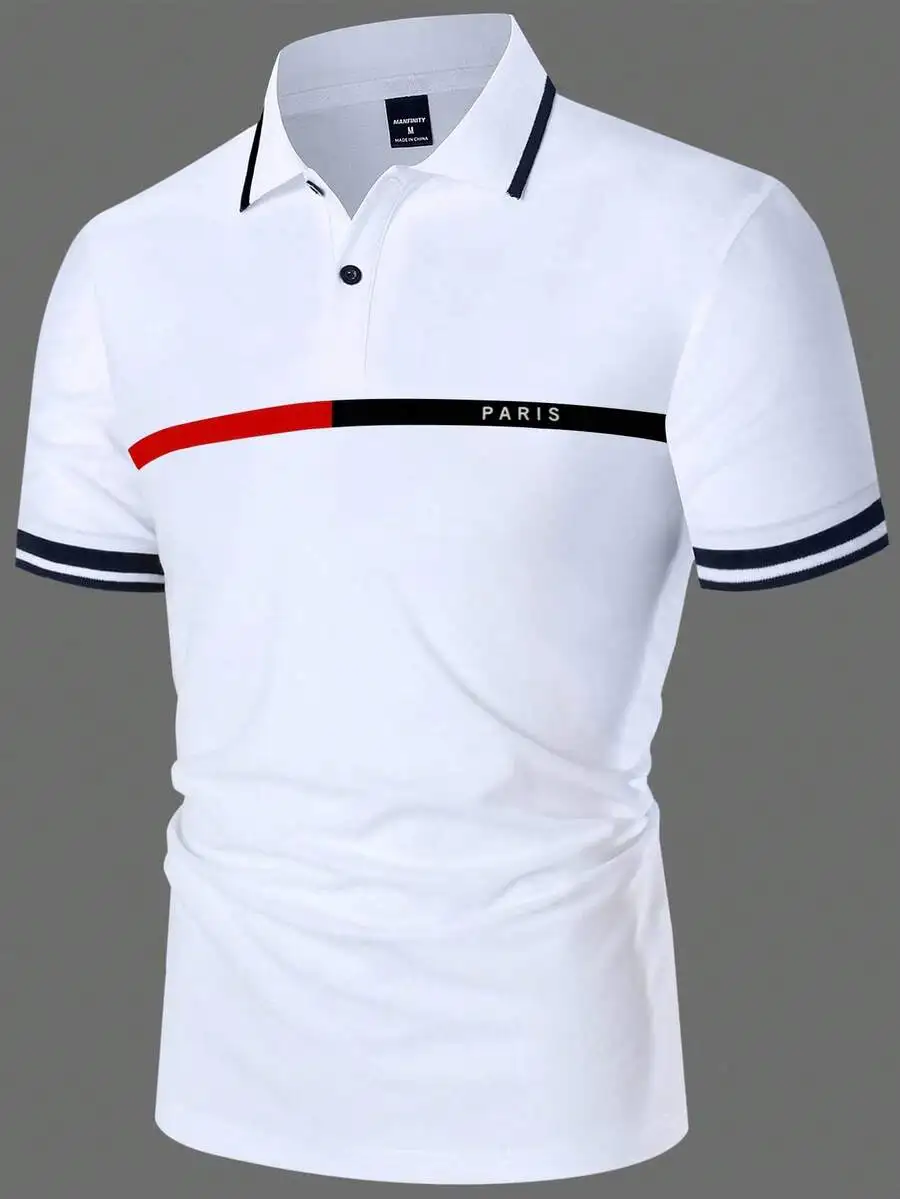 

Men's White Short Sleeve Polo Shirt with Red-Black Stripe and Text Print