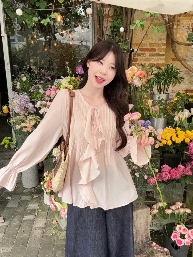 

plus Size Women's Sweet Style Pink Petal Collar Bell Sleeve Shirt Loose Fit Summer New Fashion Sun Protection Top