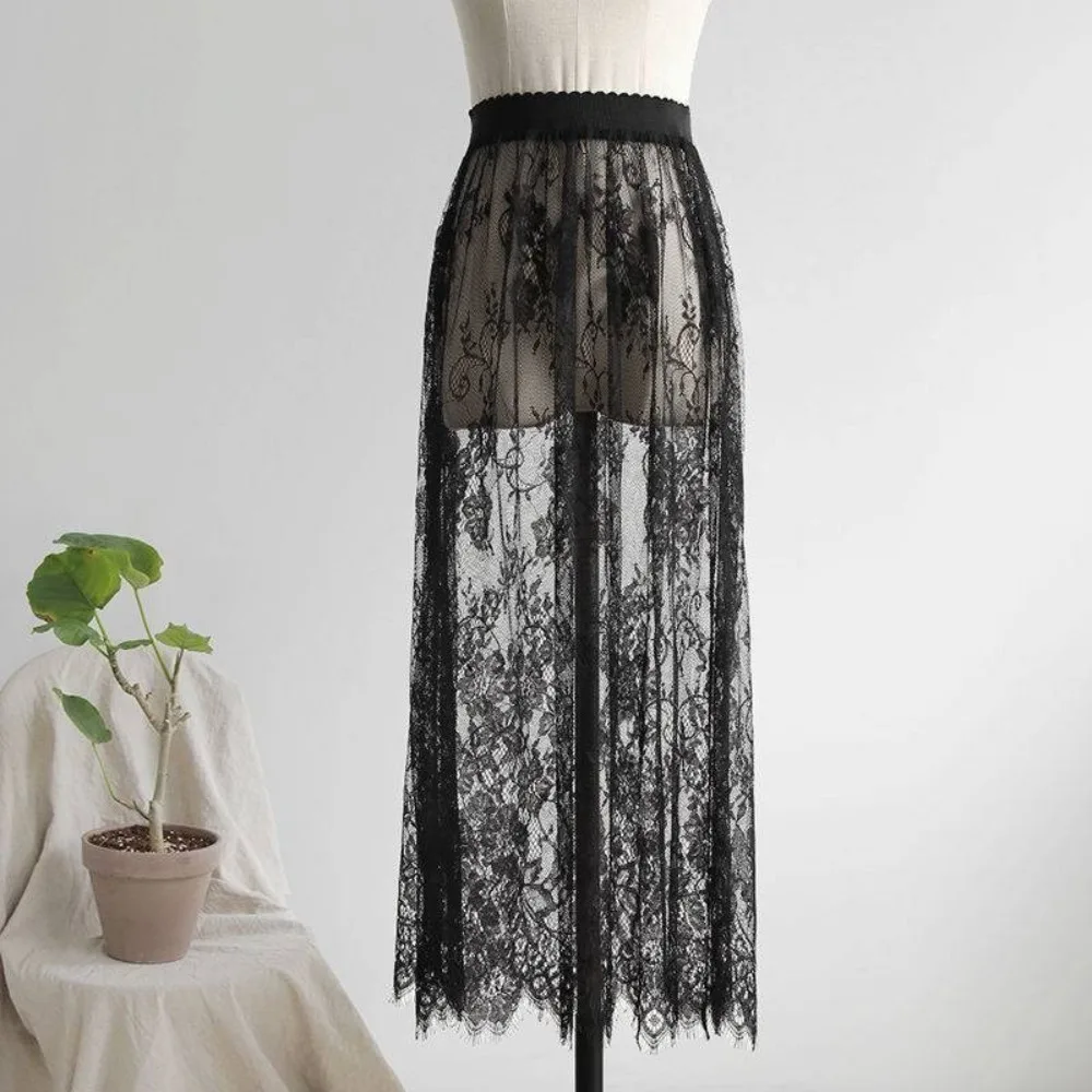 Fashion Transparent Sexy Lace Mesh Skirt 2 Length Elegant Midi Skirt Ladies Elastic High Waist Tulle Mini Skirts Ladies