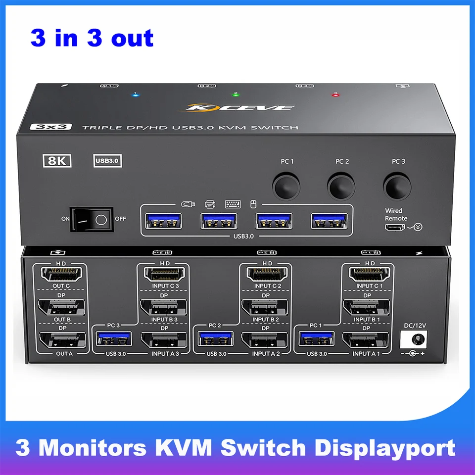KCEVE KVM Switch 3 Monitors 3 Computers,1 HDMI + 2 Displayport