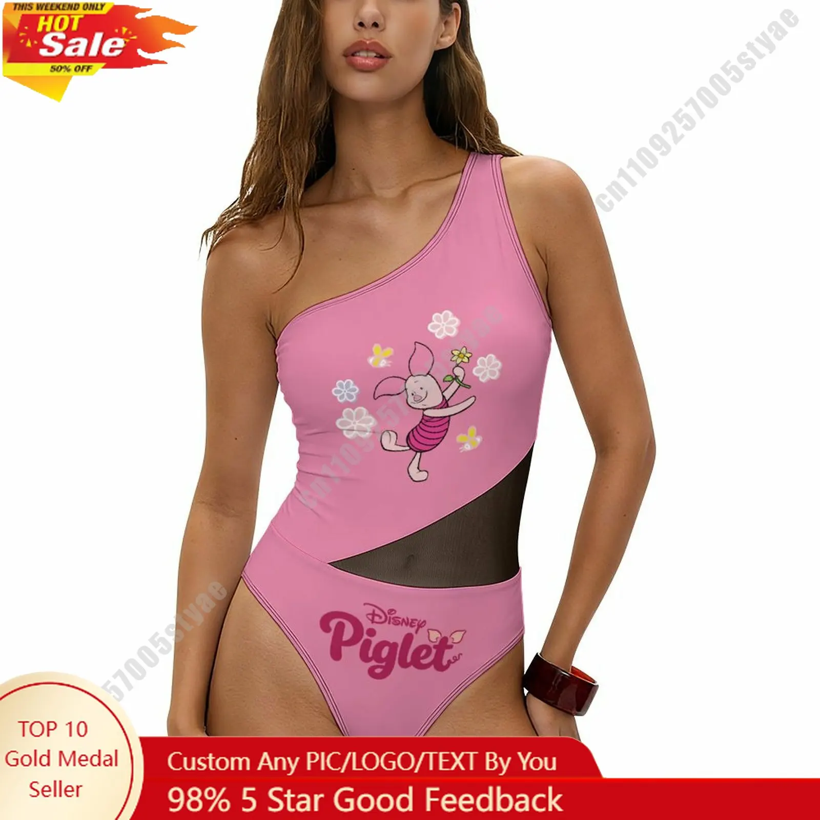 

Piglet Swimsuit Disney Personalized Custom Print One Piece Swimwear Sheer Mesh Cutout Bathing Suit Beachwear Holiday Gifts