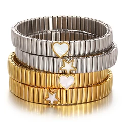 Goldfarbe Edelstahl elastischen Armband Armreif für Frauen Männer eingelegte Muschel Stern Herz Armband klassische Uhr Kette Schmuck