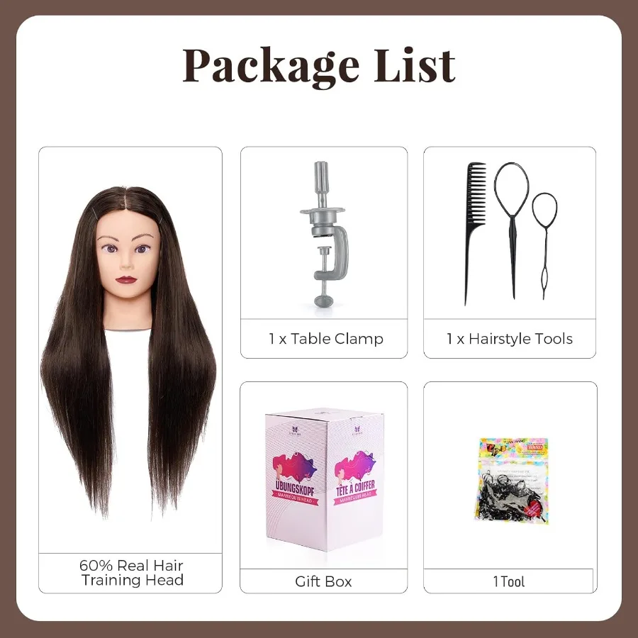 28 رأس عارضة أزياء مع 80 شعر حقيقي للتدريب على التجميل وتصفيف الشعر وممارسة رأس دمية عارضة أزياء للشعر البشري مع طاولة