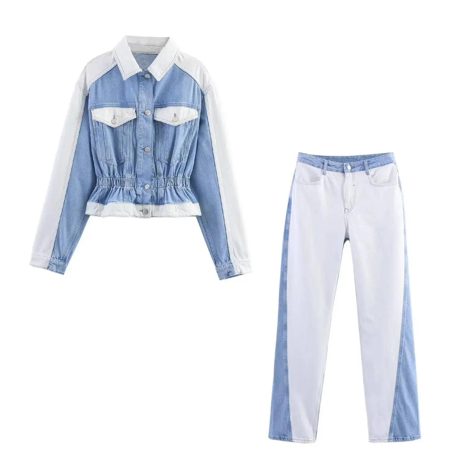 

2025 Autumn New Women's Casual Fashion Contrast Color Lapel Long-Sleeved Short Denim Top + Straight Trousers