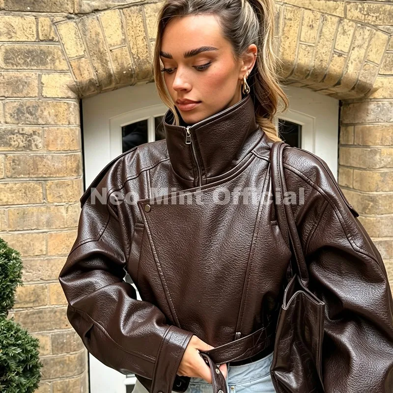 Neo Mint Chic Street Fashion Girls Brown Cropped Faux Leather Jacket Women Funnel Neck Loose Motorcycle Short PU Leather Coat