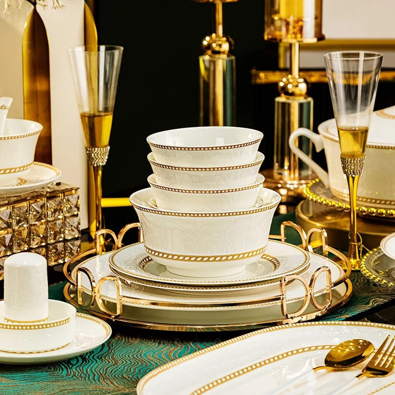 

2025 New Jingdezhen Dishes Tableware Free Combination Household High-grade Bone China Tableware Housewarming Relief Rose