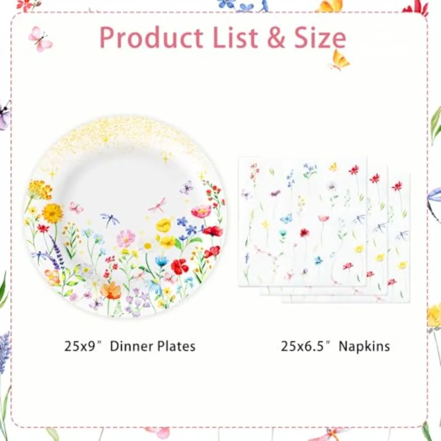 Wildflower Spring Paper Plates and Napkins Set Serve 25 Wild Flower Party Supplies Disposable for Summer Floral Baby Shower Tea