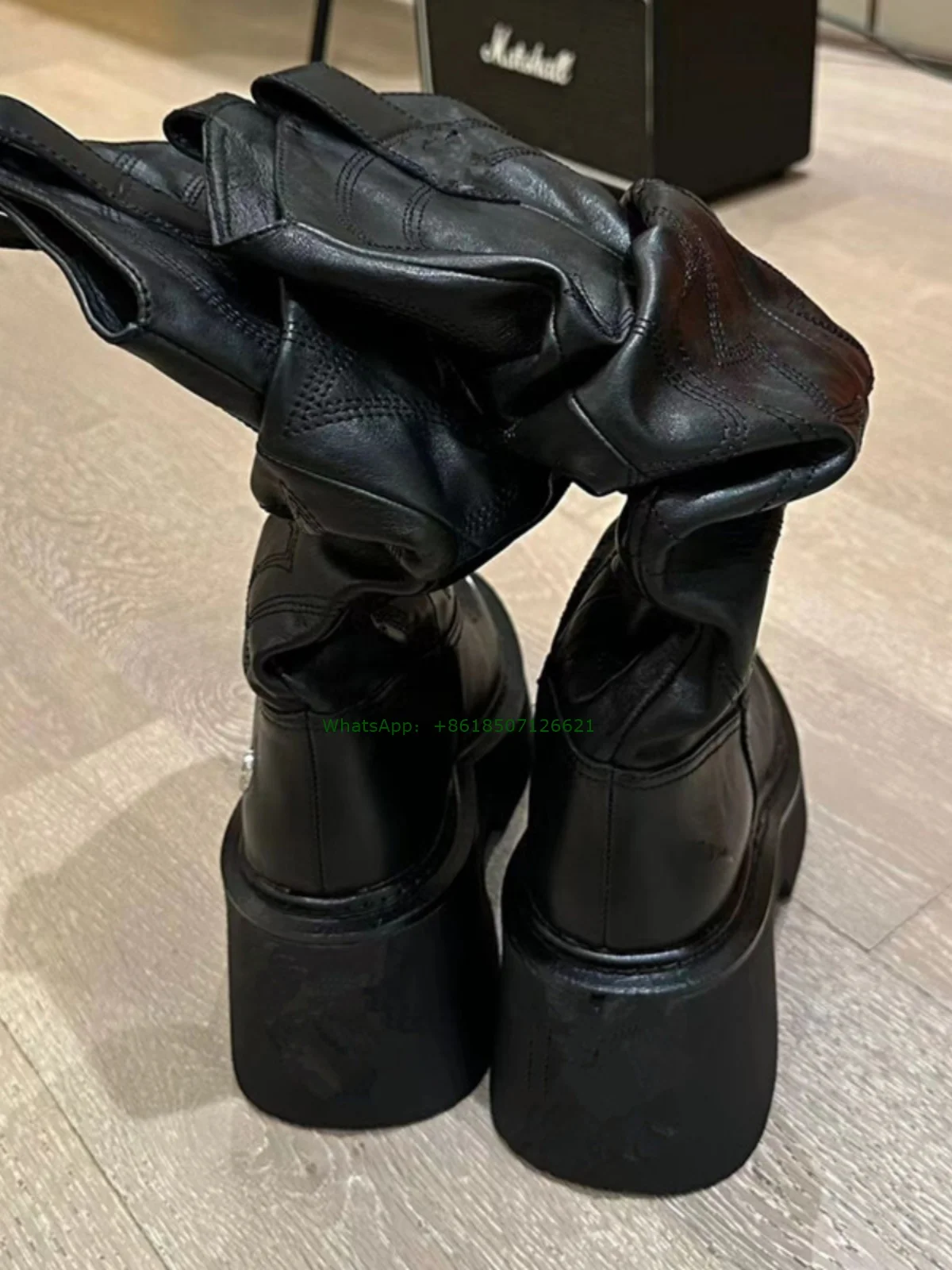 Black Round Toe Thick Heel Embroidered Knight Boots For Women Pleated Mid-High Calf Shoes