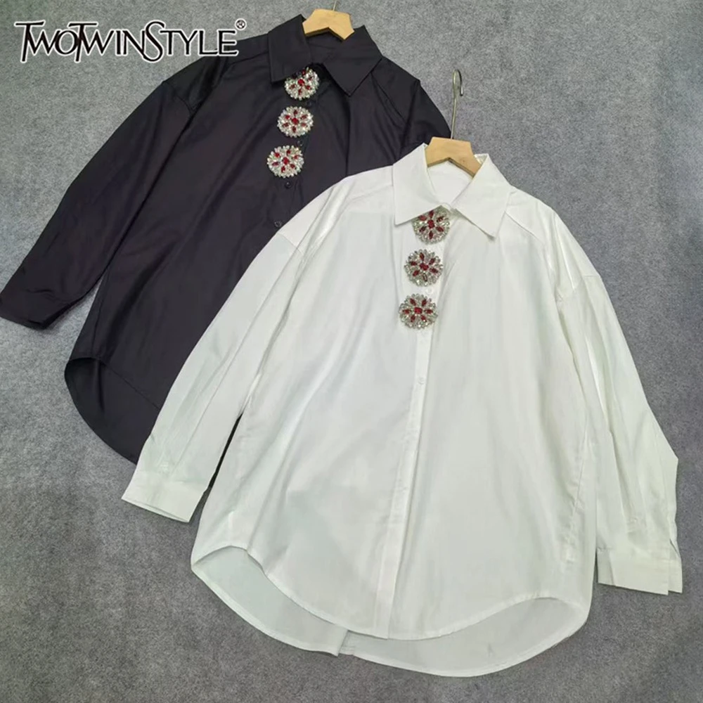 

TWOTWINSTYLE Loose Spliced Buttton Elegant Blouses For Women Lapel Long Sleeve Autumn Temperament Shirts Female New KBL556848