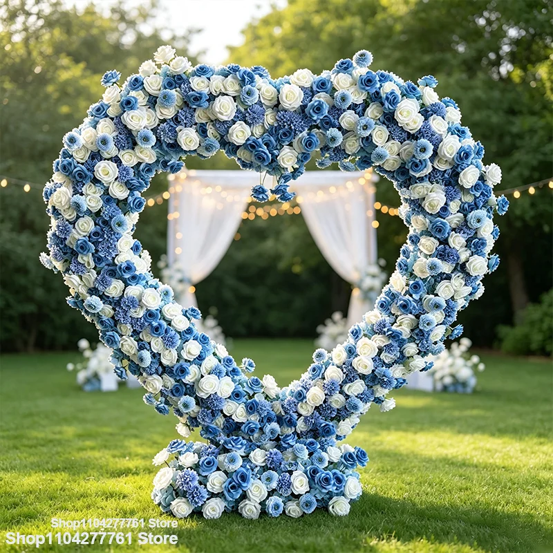 5D Blau-Weißer Herzförmiger Künstlicher Blumenbogen-Rahmen Hochzeits-Hintergrund Rosen-Hortensien-Blumenarrangement Verlobungsfeier-Deko – Detail 3