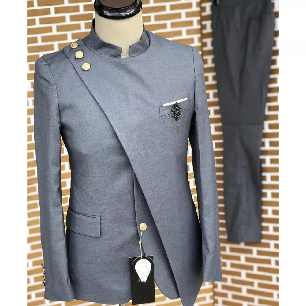 

New Fashion Collar Suits For Men Two Pieces Dark Gray Jacket and Pants Slim Fit Wedding Groom Prom Blazer Custom Set