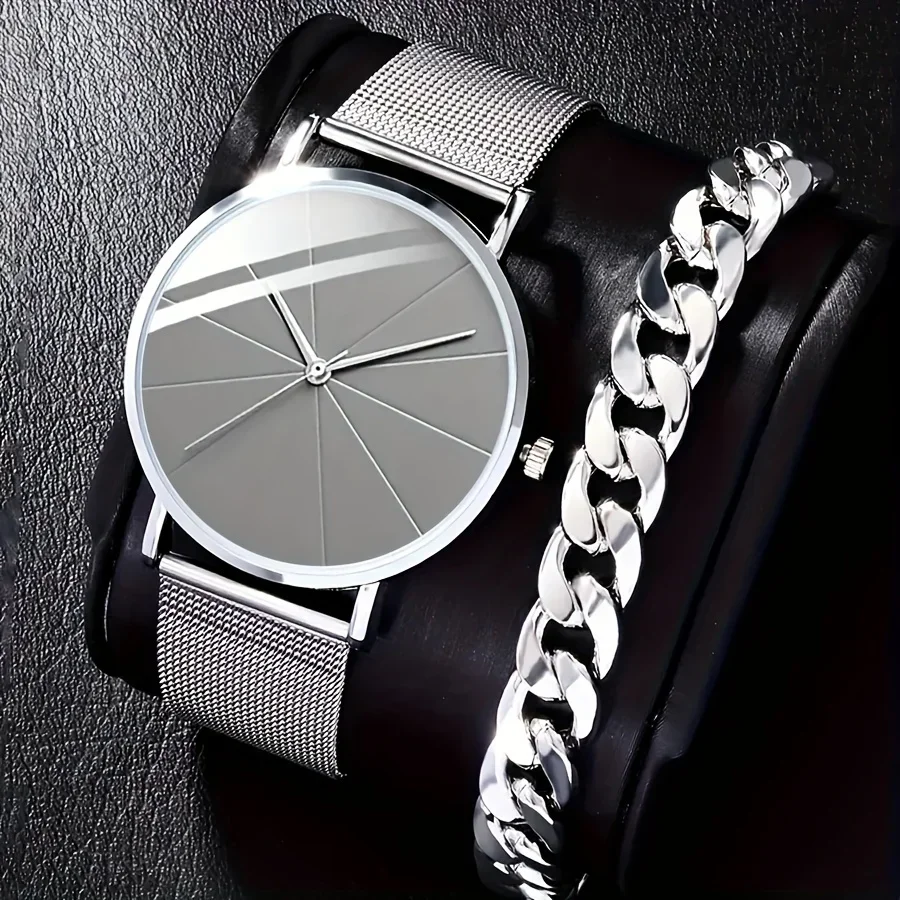 

2pcs/set Men's Business Minimalist Quartz Watch Stainless Steel Mesh Band Wrist Watch & Bracelet, Father's Day Valentine's Day