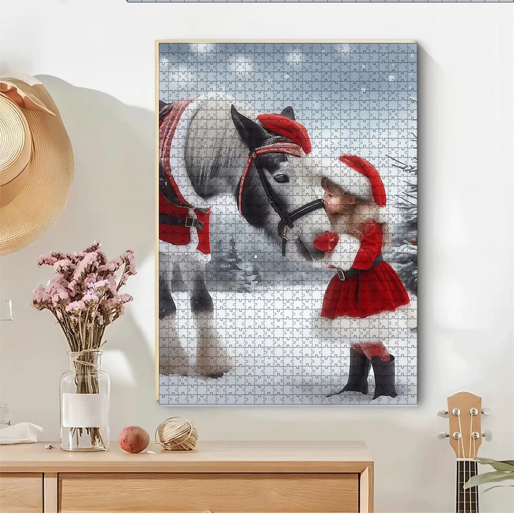 1000/500pcs Puzzles Featuring Girls, Horses, Christmas Hats, And Snowy Landscapes, Large Interactive Games for Adults And Fami
