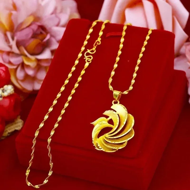 

High Quality 999 Real Gold 24K Gold Retro Peacock Pendant Necklace for Women Phoenix Pendant Necklace Holiday Gift AU750