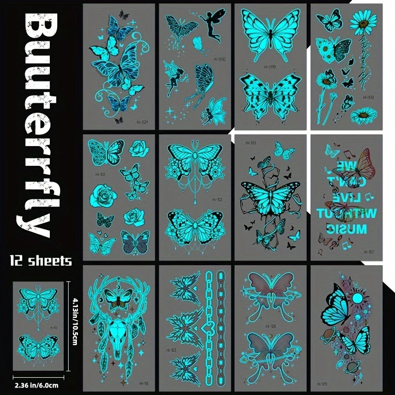 12 vellen vlinder lichtgevende tijdelijke tattoo blauwe glow in the dark tattoo sticker voor vrouwen handen gezicht tattoo muziek party decor