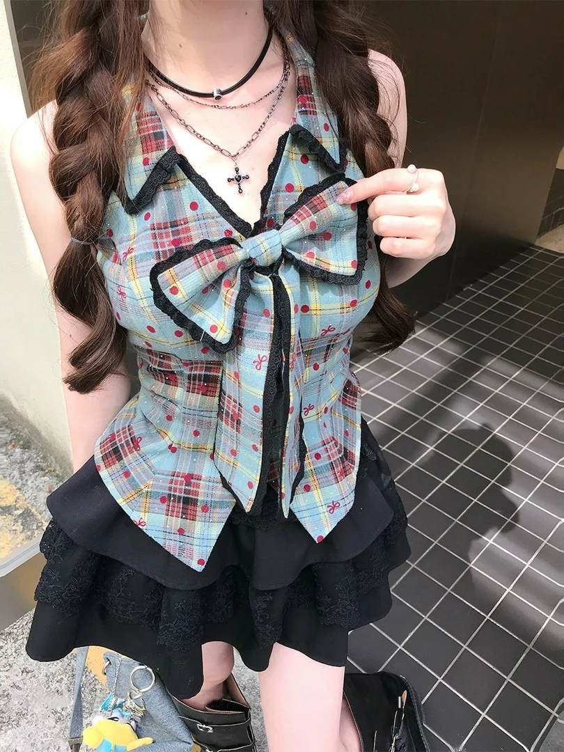 

Summer New Pure Desire Fashion Hot Girl Set Women's Knot Plaid Sleeveless Top Cake Short Skirt Two Piece Set