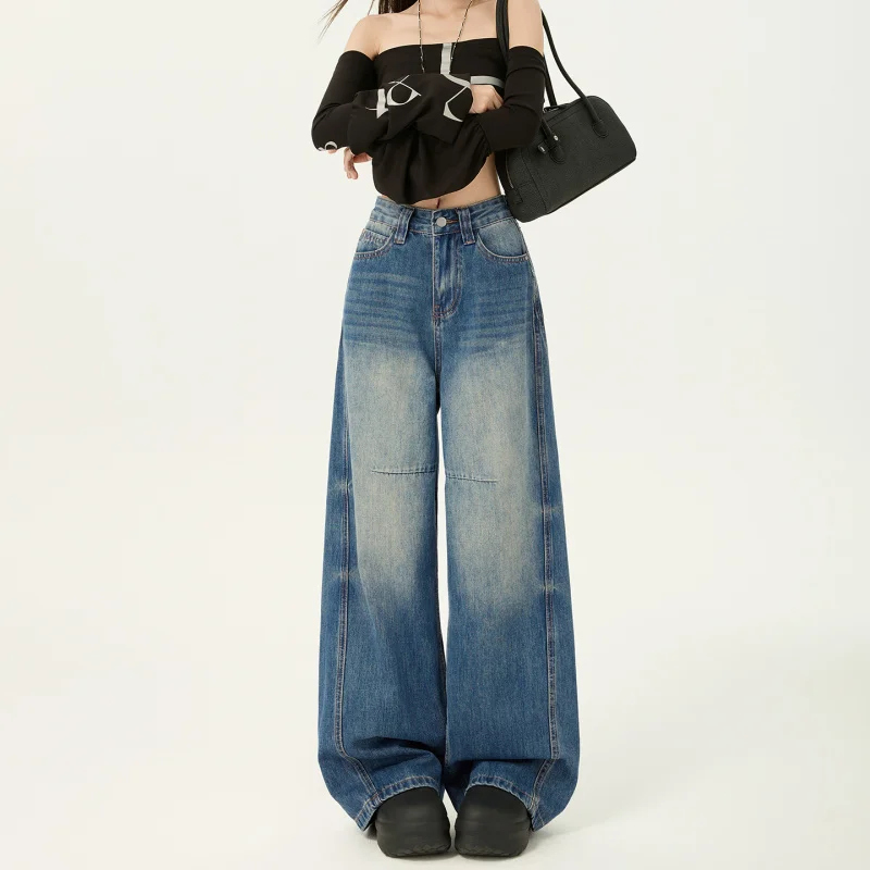 

2026Spring new American retro high-waisted loose-fitting straight-leg wide-leg floor-length jeans for women