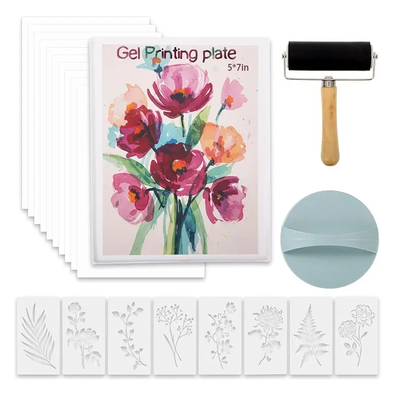 

BMBY-Gel Printing Plate 5X7 Inch For Artists And Beginners, Includes Brayer Roller, Stencils& Rice Paper- Mixed Media Art Compat