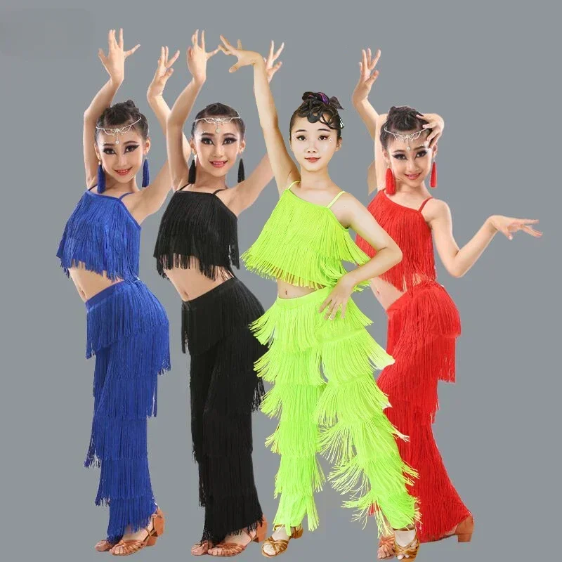 

Kids Rumba Cha Cha Latin Dance Costumes Ballroom Fringe Tassel Dress Pants Girl Sequin Salsa Samba Children Stage Tassel Dresses
