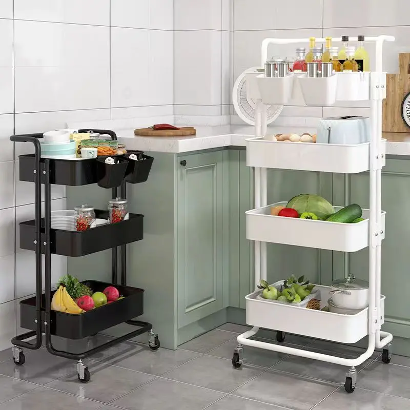 

Slim Roll Basket Office Bathroom Use Food Storage Tier 3 Layer Rotating Utility Trolley Islands Mobile Kitchen Cart with Wheels