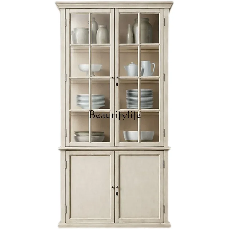 

z.American solid wood double-door dining side cabinet villa model room storage living room glass door display cabinet