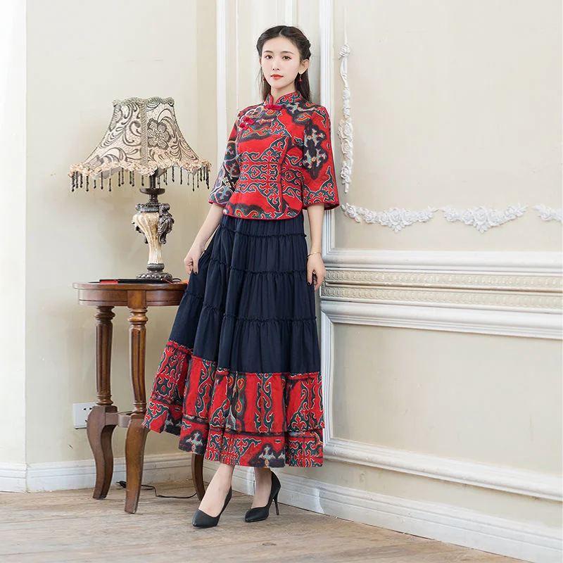 

Female New Autumn Ethnic Style Improved Qipao Set Skirt Chinese Style Cotton Hemp Top Two Piece Square Dance Dress Women Fashion