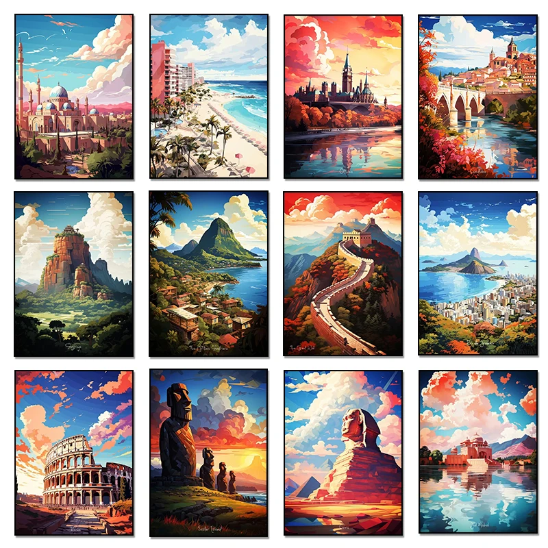 1pc frameless Canvas Painting  1pc frameless Canvas Painting Famous Tourist City Pisa Leaning Tower Pyramid Iconic Building Wate