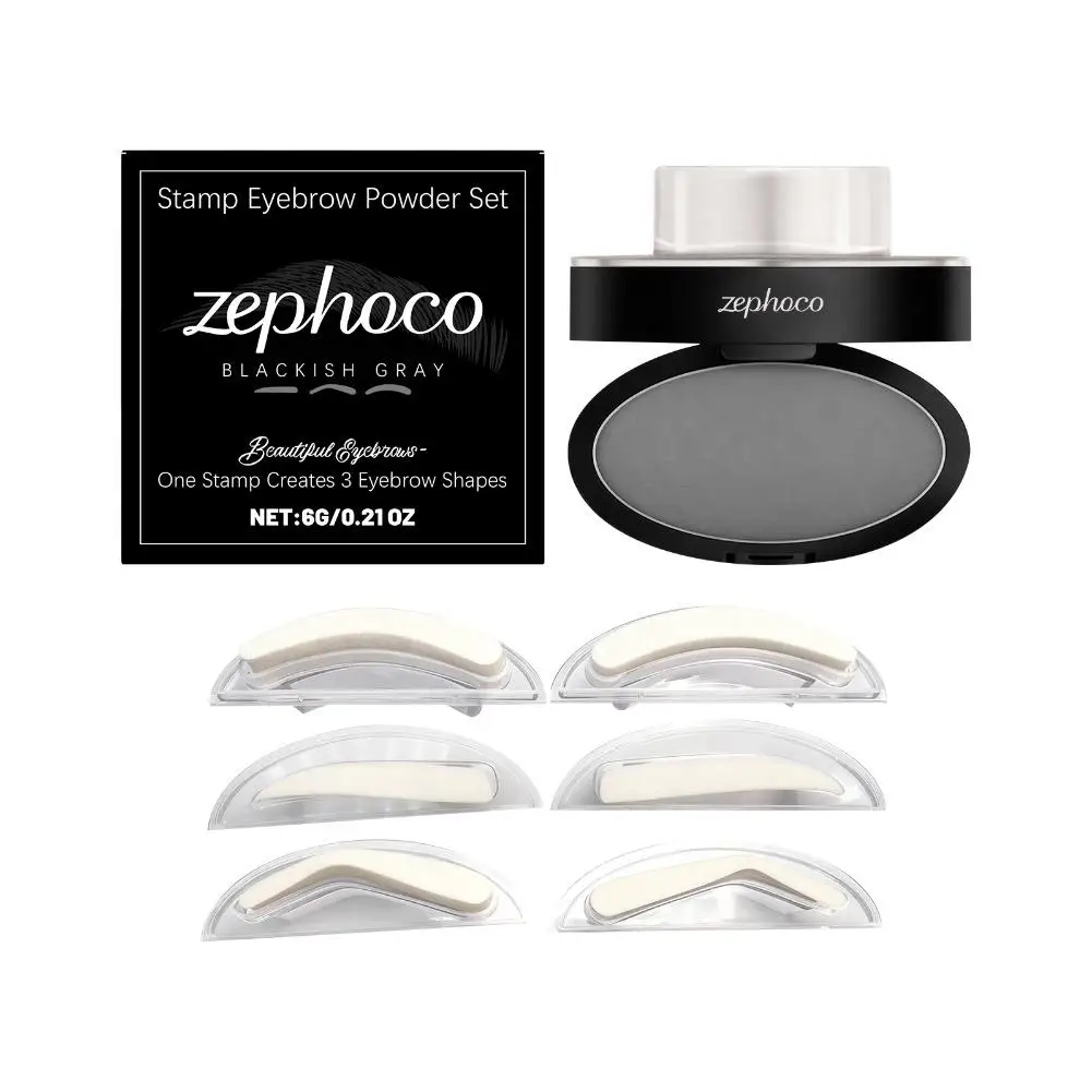 6g Stamp Eyebrow Powder Set With 6Pcs 3 Styles Brow Stencils Sweatproof Smudge Resistant Gray Black Brow Stamp Fill Sparse Brows