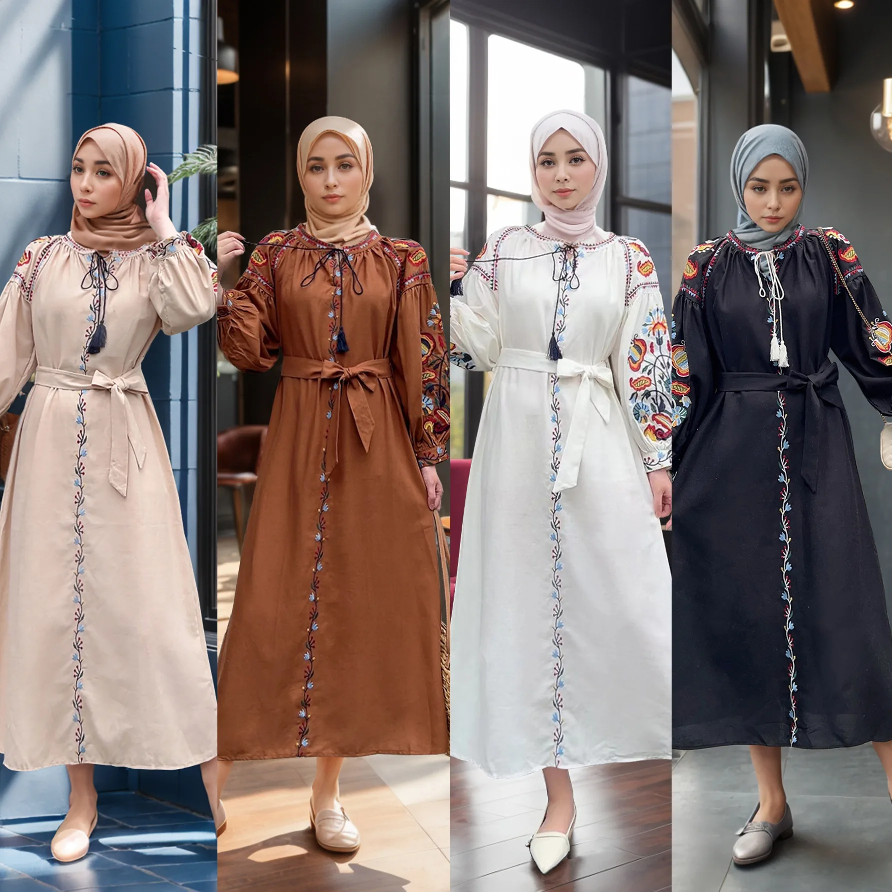 

M283#tiktok Women's New Embroidered Tassel Lantern Sleeve Cotton Linen Dress Robe Abaya Ramadan Dubai Luxury Islam Elegant